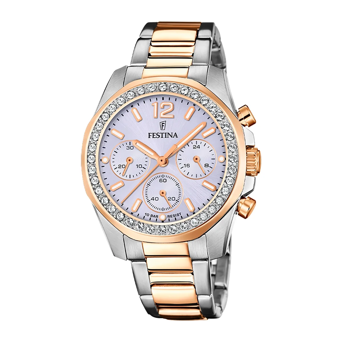 Reloj Festina analogo, para Dama, tablero redondo color azul, estilo index + arabigo, pulso acero colores plateado y rosa, calendario, cronografo