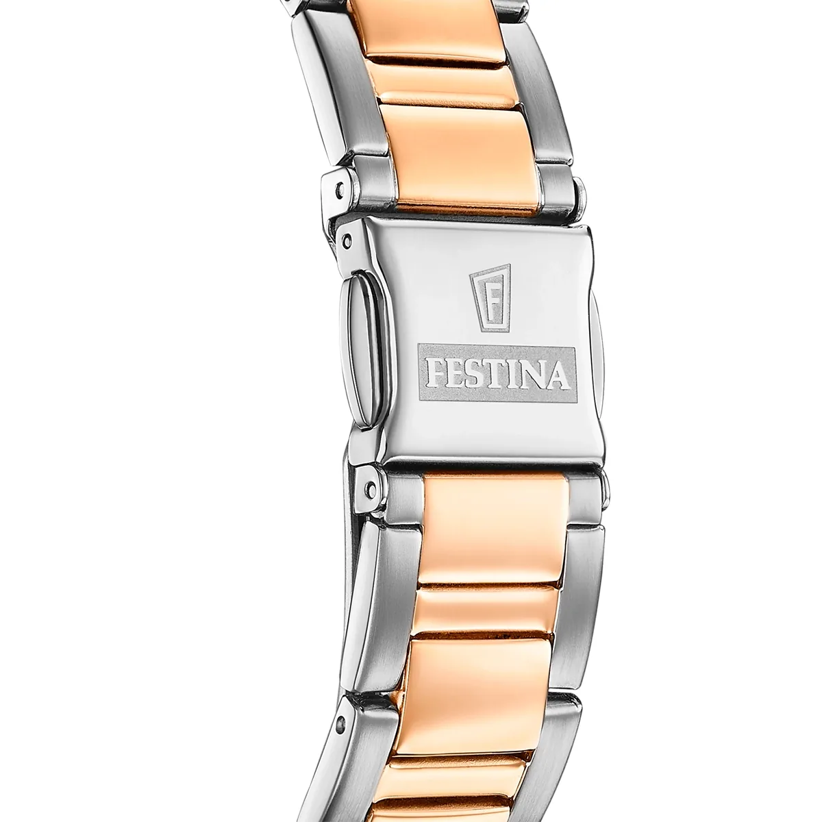 Reloj Festina analogo, para Dama, tablero redondo color azul, estilo index + arabigo, pulso acero colores plateado y rosa, calendario, cronografo
