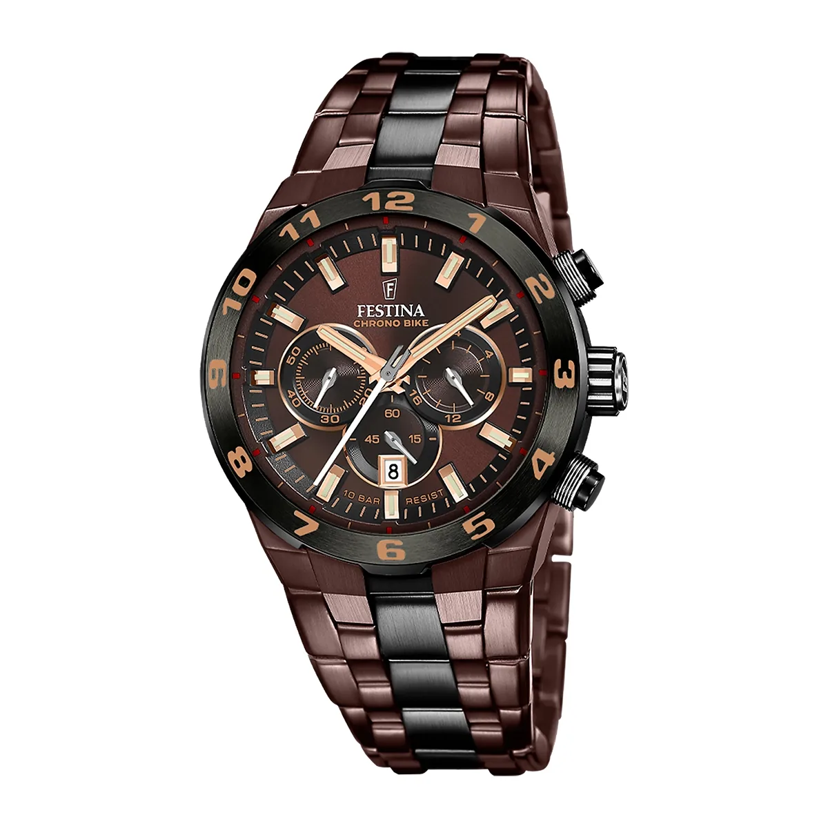 Reloj Festina analogo, para Hombre, tablero redondo color café, estilo index, pulso acero colores café y negro, calendario, cronografo