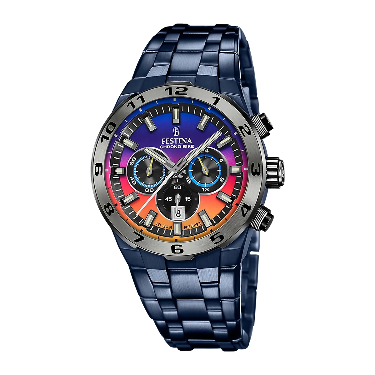 Reloj Festina analogo, para Hombre, tablero redondo colores azul y naranja, estilo index, pulso acero color azul, calendario, cronografo