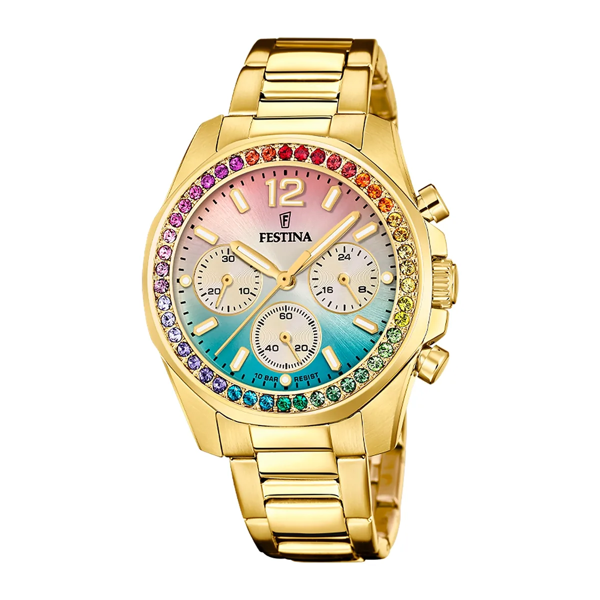 Reloj Festina analogo, para Dama, tablero redondo color multi, estilo index + arabigo, pulso acero color dorado, calendario, cronografo