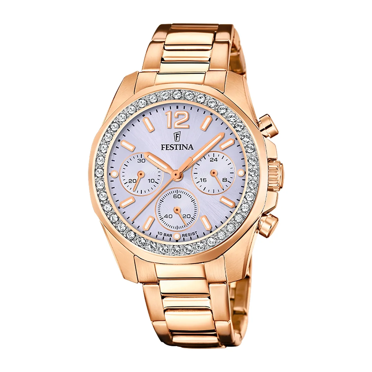 Reloj Festina analogo, para Dama, tablero redondo color azul, estilo index + arabigo, pulso acero color rosa, cronografo