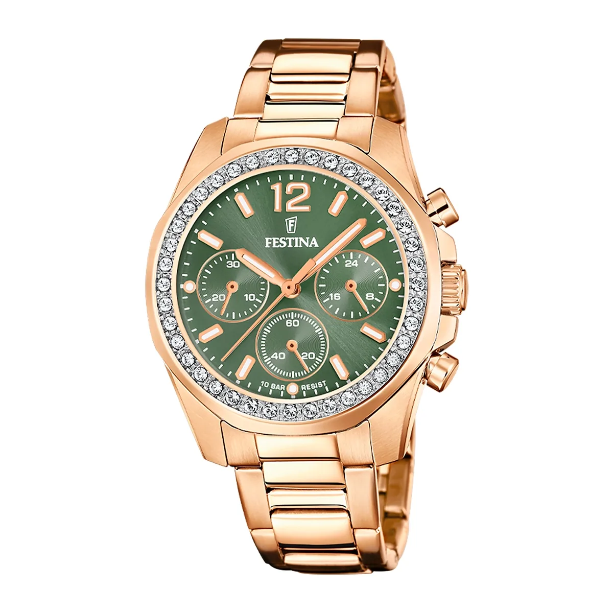 Reloj Festina analogo, para Dama, tablero redondo color verde, estilo index + arabigo, pulso acero color rosa, cronografo