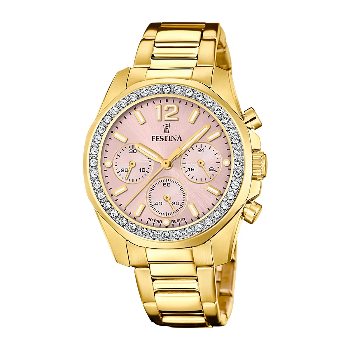 Reloj Festina analogo, para Dama, tablero redondo color rosado, estilo index + arabigo, pulso acero color dorado, calendario, cronografo
