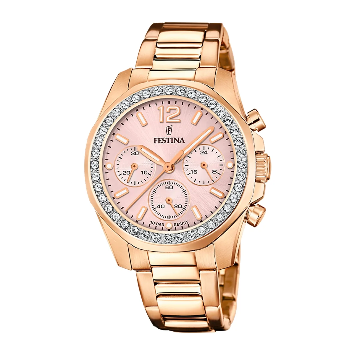 Reloj Festina analogo, para Dama, tablero redondo color rosado, estilo index + arabigo, pulso acero color rosa, cronografo
