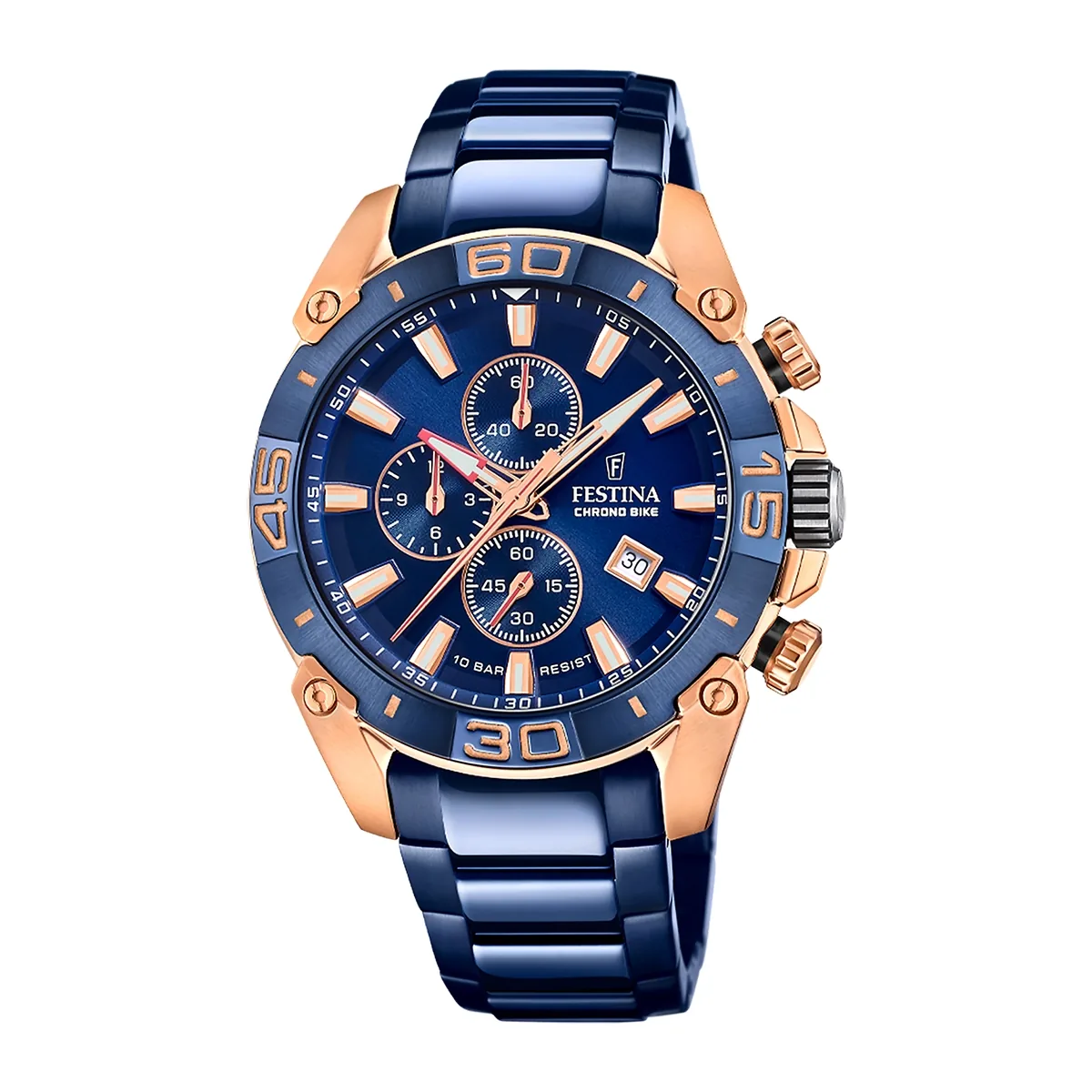 Reloj Festina análogo, para Hombre, tablero redondo color azul, estilo index, pulso acero color azul, calendario, cronografo