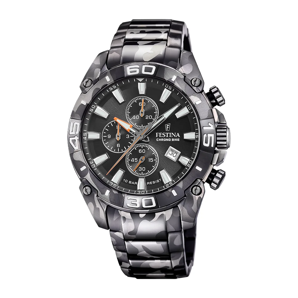 Reloj Festina analogo, para Hombre, tablero redondo color negro, estilo index, pulso acero colores negro, gris y plateado, calendario, cronografo