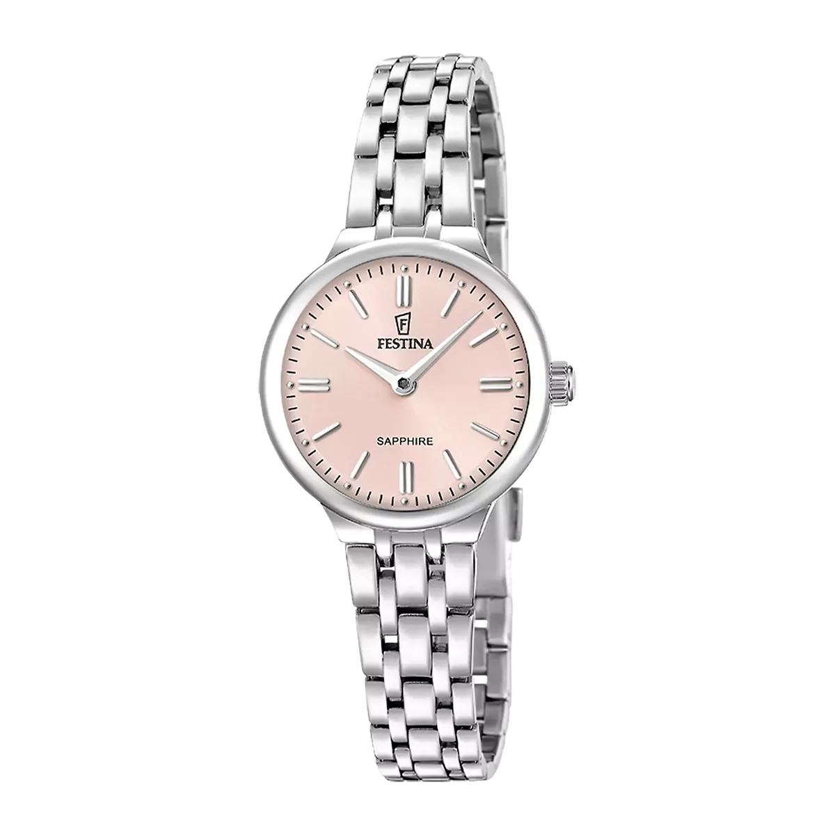 Reloj Festina análogo, para Dama, tablero redondo color rosado, estilo index, pulso acero color plateado