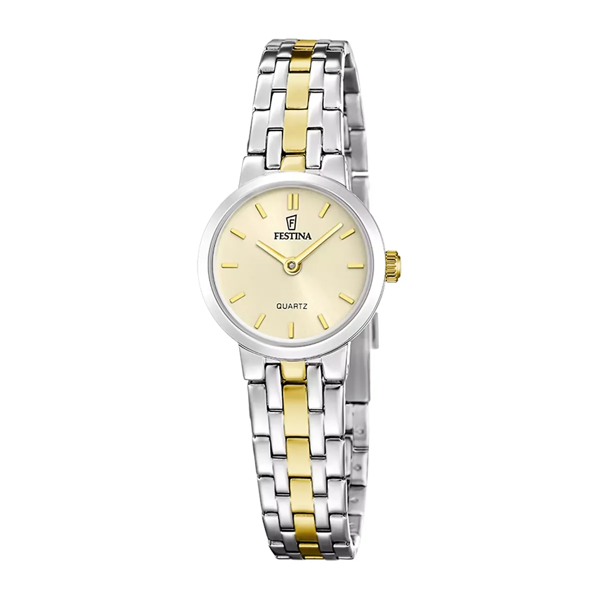 Reloj Festina análogo, para Dama, tablero redondo color dorado, estilo index, pulso acero colores plateado y dorado