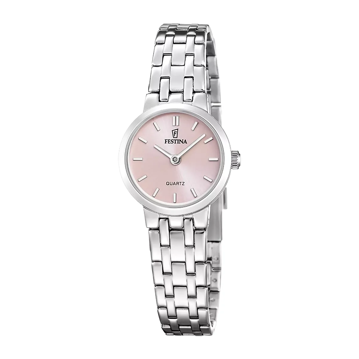Reloj Festina análogo, para Dama, tablero redondo colores rosado y rosado, estilo index, pulso acero color plateado