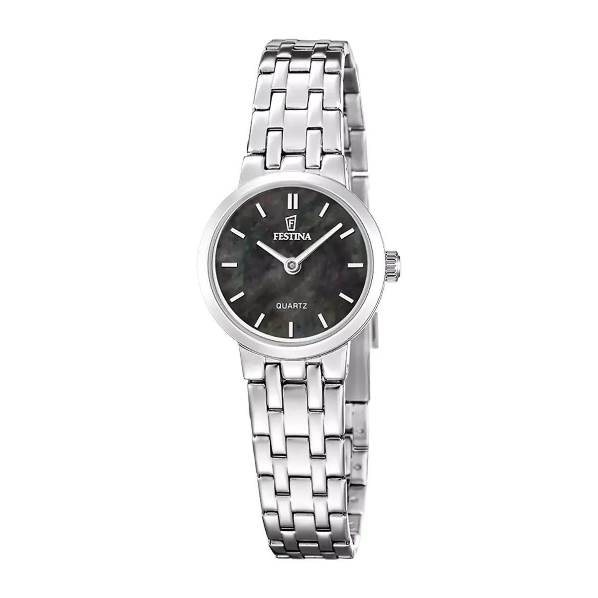Reloj Festina análogo, para Dama, tablero redondo colores azul y negro, estilo index, pulso acero color plateado