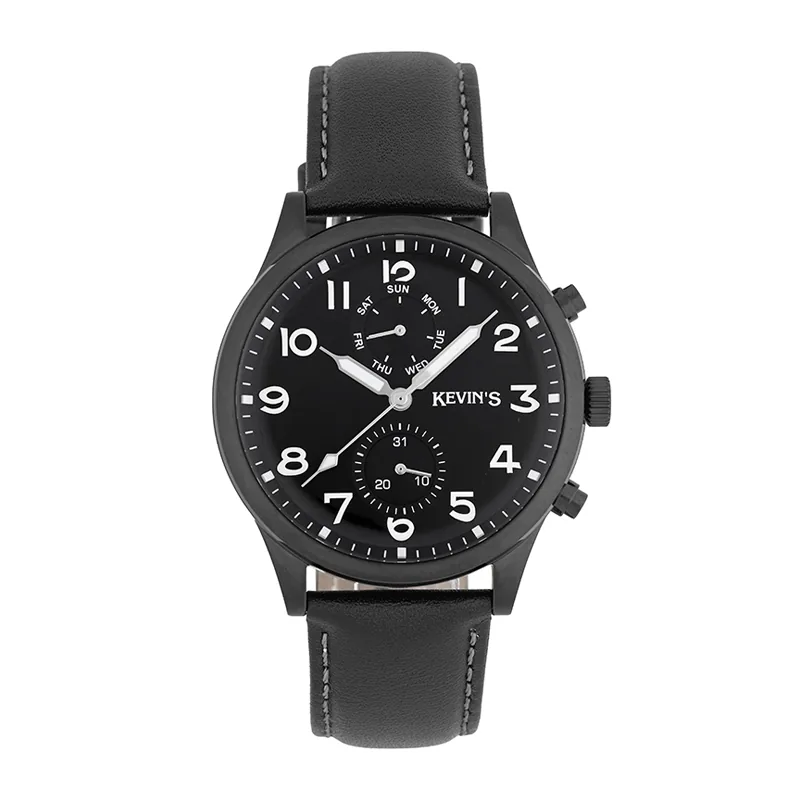 Reloj Kevins analogo, para Hombre, tablero redondo colores negro y blanco, estilo arabigos, pulso cuero color negro, calendario
