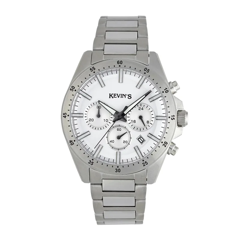Reloj Kevins analogo, para Hombre, tablero redondo color plateado, estilo index, pulso acero color plateado, calendario, cronografo
