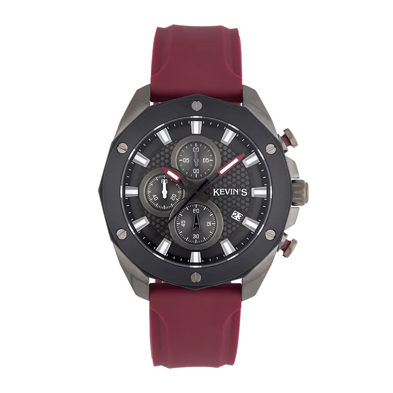 Reloj Kevins analogo, para Hombre, tablero redondo colores negro y rojo, estilo index, pulso silicona color rojo, calendario, cronografo