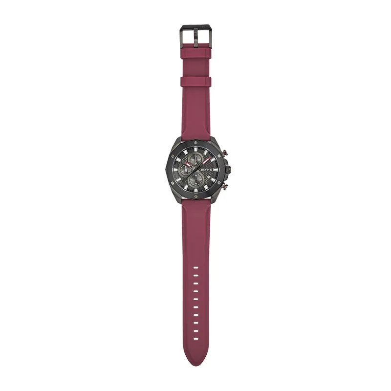 Reloj Kevins analogo, para Hombre, tablero redondo colores negro y rojo, estilo index, pulso silicona color rojo, calendario, cronografo