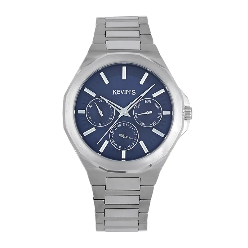 Reloj Kevins analogo, para Hombre, tablero redondo color azul, estilo index, pulso acero color plateado, calendario