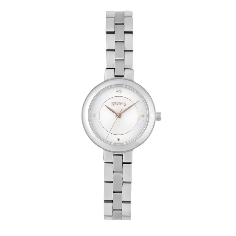 Reloj Kevins analogo, para Dama, tablero redondo colores plateado y rosa, estilo puntos, pulso acero color plateado