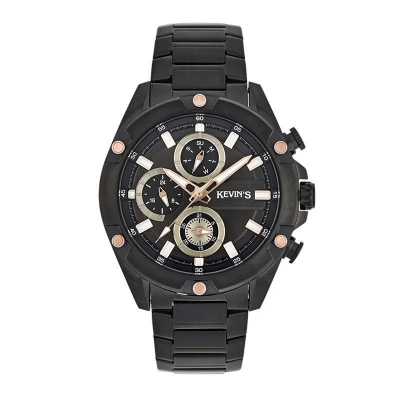 Reloj Kevins analogo, para Hombre, tablero redondo colores negro y rosa, estilo index, pulso acero color negro, calendario