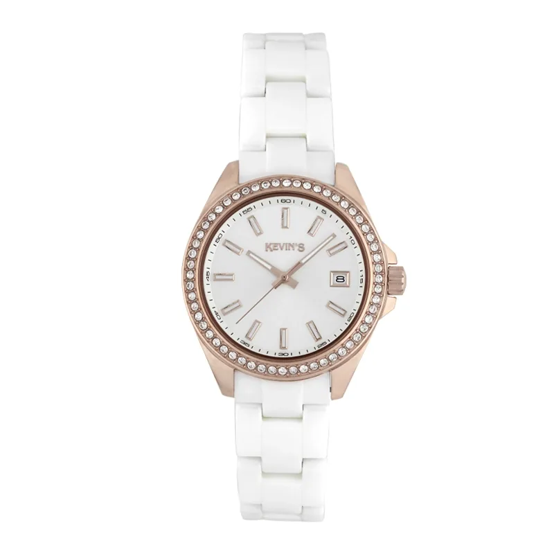 Reloj Kevins análogo, para Dama, tablero redondo colores blanco y rosa, estilo index, pulso cerámica color blanco, calendario