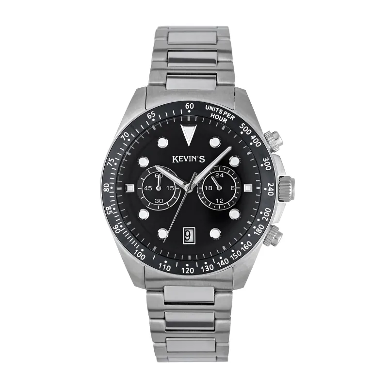 Reloj Kevins analogo, para Hombre, tablero redondo colores negro y blanco, estilo puntos, pulso acero color plateado, calendario, cronografo