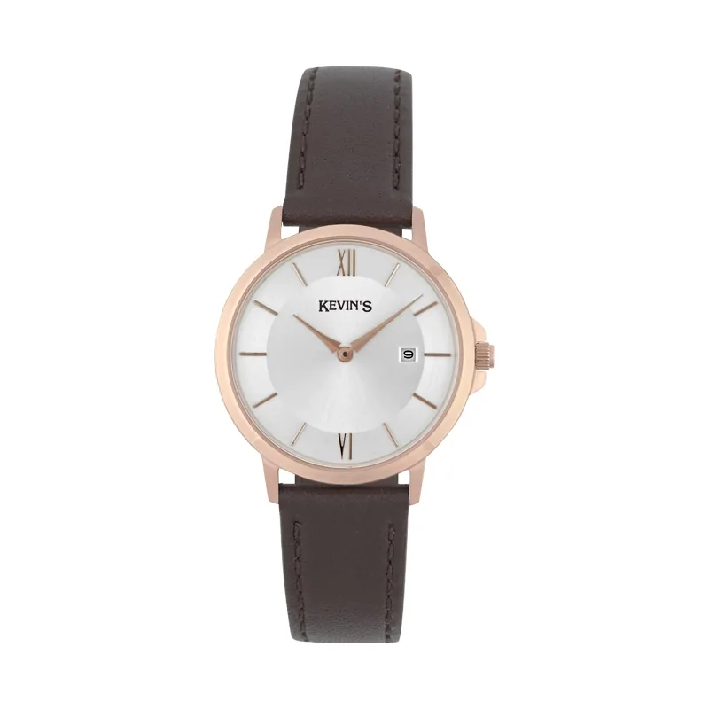 Reloj Kevins analogo, para Dama, tablero redondo colores plateado y rosa, estilo index + romano, pulso cuero color café, calendario