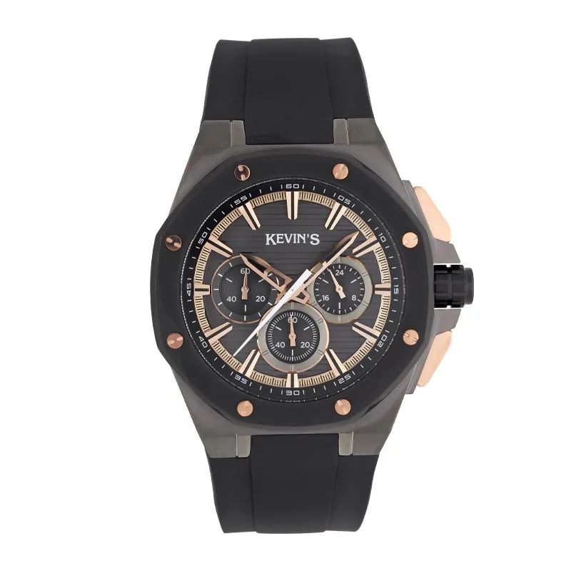 Reloj Kevins analogo, para Hombre, tablero redondo colores negro y rosa, estilo index, pulso silicona color negro, cronografo