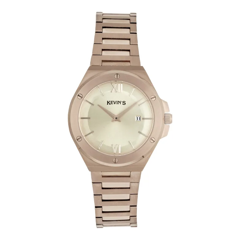 Reloj Kevins analogo, para Dama, tablero redondo color rosa, estilo index + romano, pulso acero color rosa, calendario