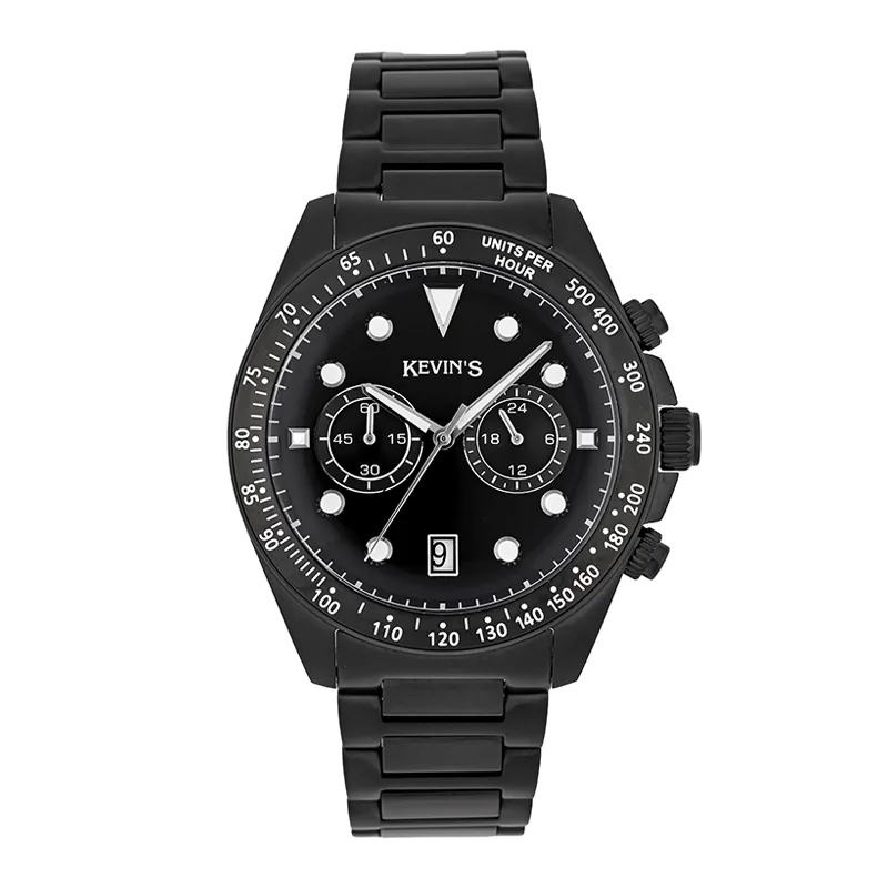 Reloj Kevins analogo, para Hombre, tablero redondo colores negro y blanco, estilo puntos, pulso acero color negro, calendario, cronografo