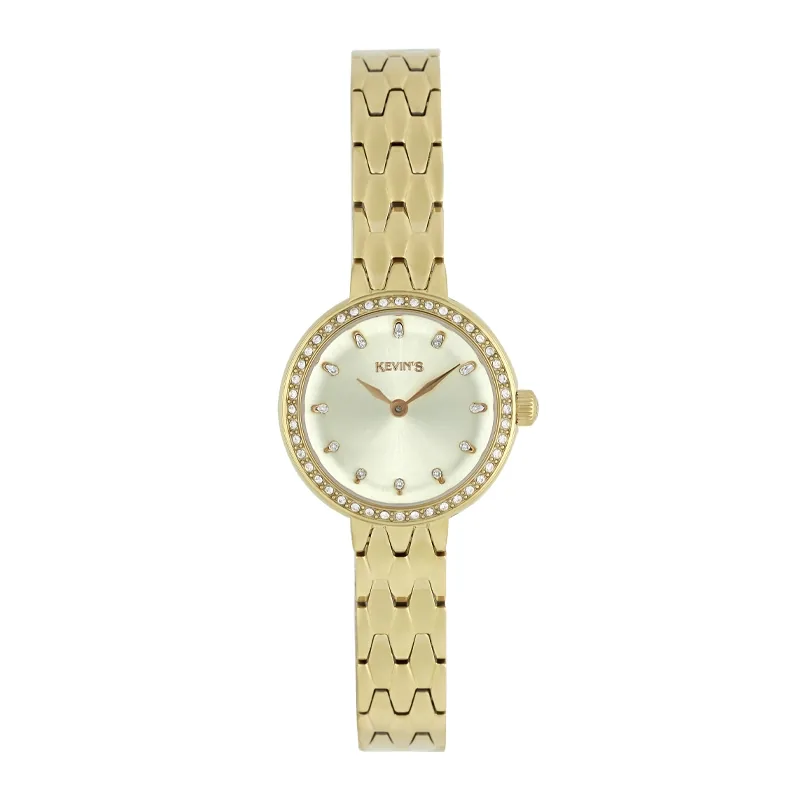 Reloj Kevins analogo, para Dama, tablero redondo color dorado, estilo puntos, pulso acero color dorado