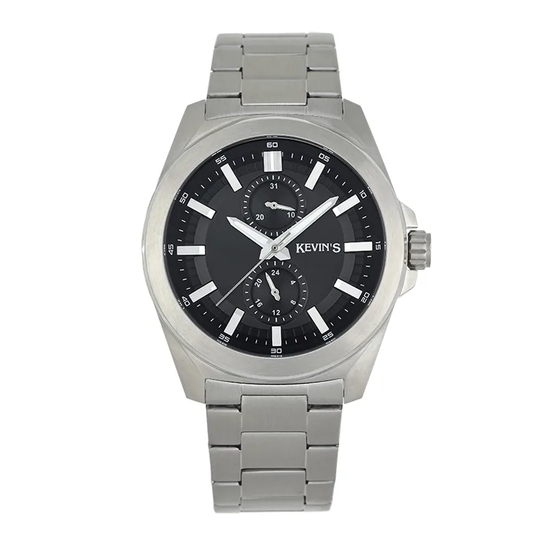 Reloj Kevins analogo, para Hombre, tablero redondo colores negro y plateado, estilo index, pulso acero color plateado