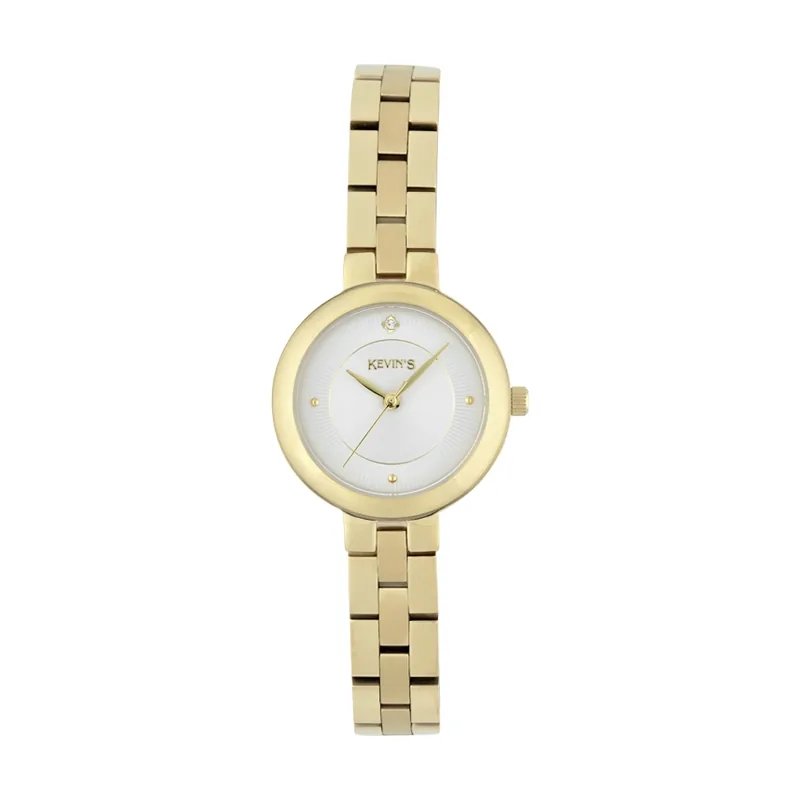 Reloj Kevins analogo, para Dama, tablero redondo colores blanco y dorado, estilo puntos, pulso acero color dorado