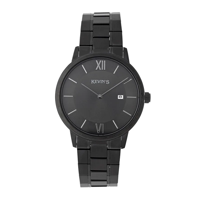Reloj Kevins analogo, para Hombre, tablero redondo colores negro y plateado, estilo index + romano, pulso acero color negro, calendario