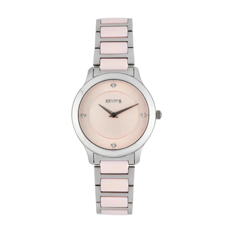 Reloj Kevins analogo, para Dama, tablero redondo colores plateado y rosado, estilo puntos, pulso cerámica colores plateado y rosado