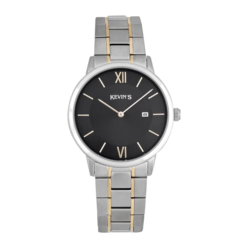 Reloj Kevins analogo, para Hombre, tablero redondo colores negro y rosa, estilo index + romano, pulso acero colores plateado y rosa, calendario