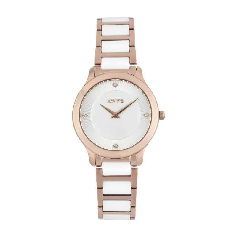 Reloj Kevins analogo, para Dama, tablero redondo colores blanco y rosa, estilo puntos, pulso cerámica colores rosa y blanco