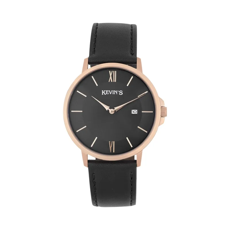 Reloj Kevins analogo, para Hombre, tablero redondo color negro, estilo index + romano, pulso cuero color negro, calendario