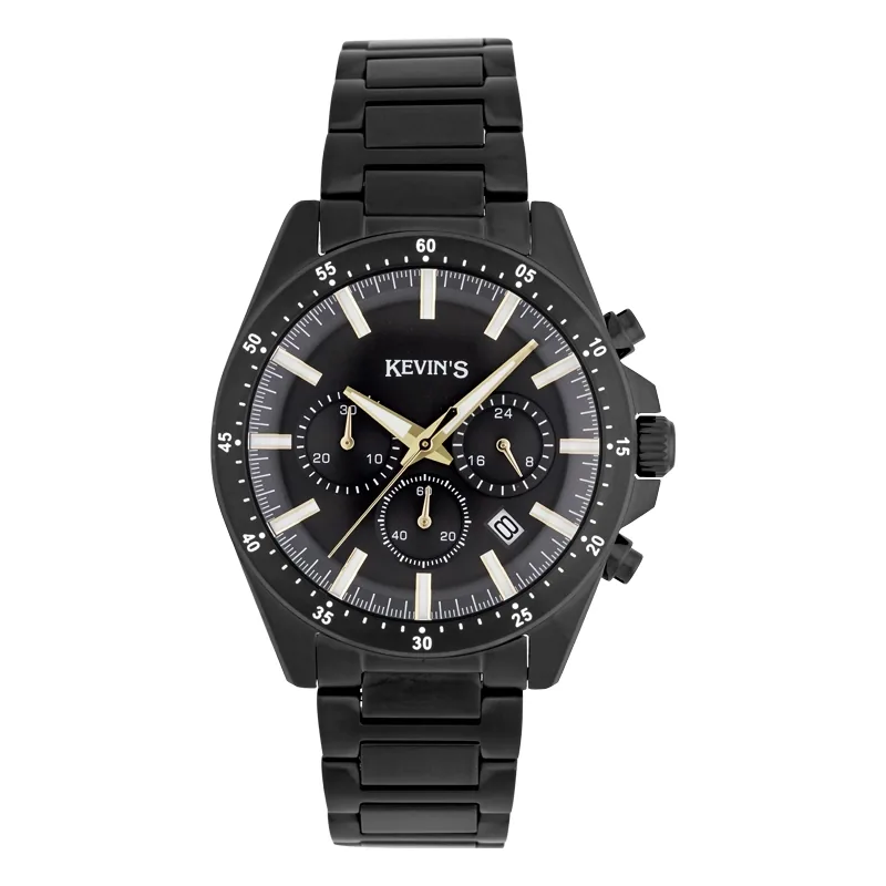 Reloj Kevins analogo, para Hombre, tablero redondo colores negro y rosa, estilo index, pulso acero color negro, calendario, cronografo
