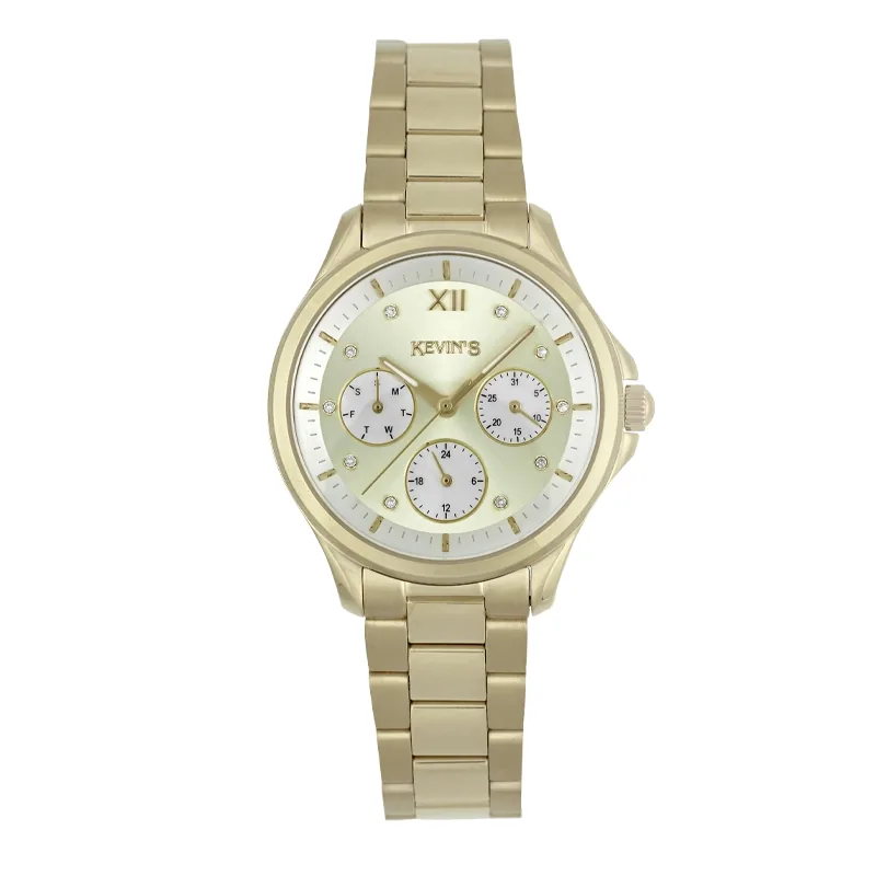Reloj Kevins analogo, para Dama, tablero redondo colores dorado y blanco, estilo puntos + romano, pulso acero color dorado, calendario