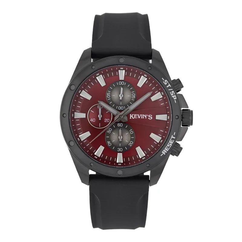 Reloj Kevins analogo, para Hombre, tablero redondo colores rojo y gris, estilo index, pulso silicona color negro, cronografo
