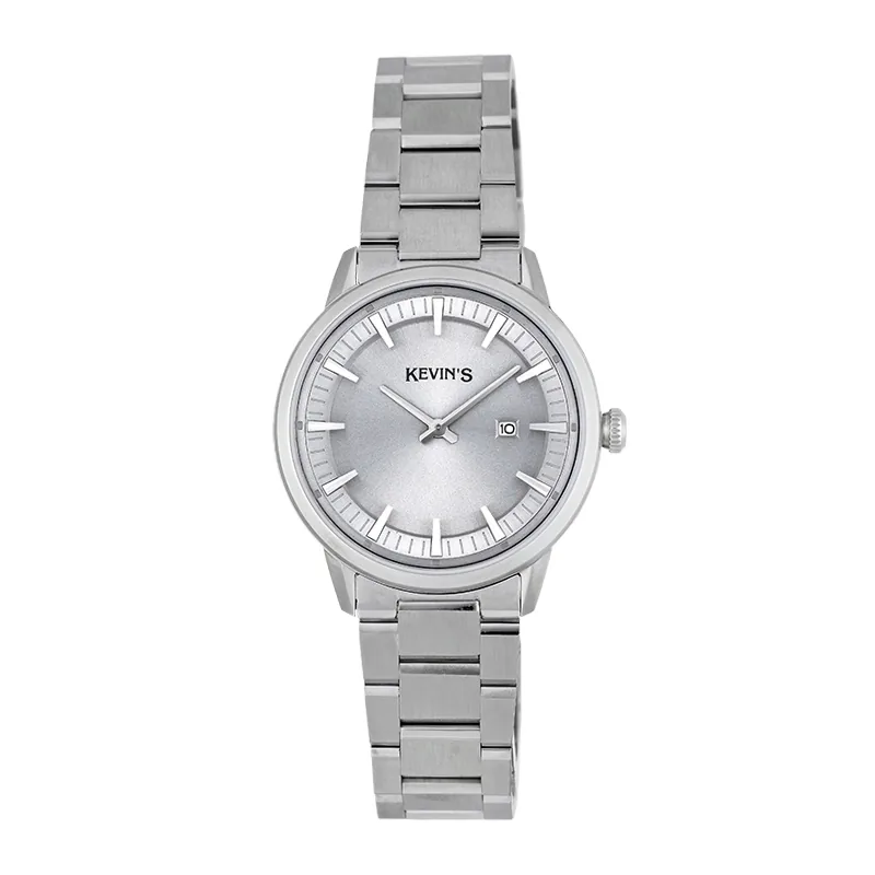 Reloj Kevins analogo, para Dama, tablero redondo color gris, estilo index, pulso acero color plateado, calendario