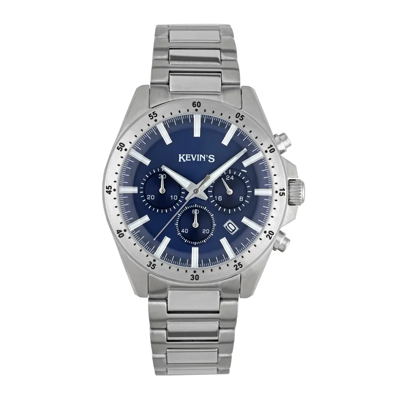 Reloj Kevins analogo, para Hombre, tablero redondo color azul, estilo index, pulso acero color plateado, calendario, cronografo