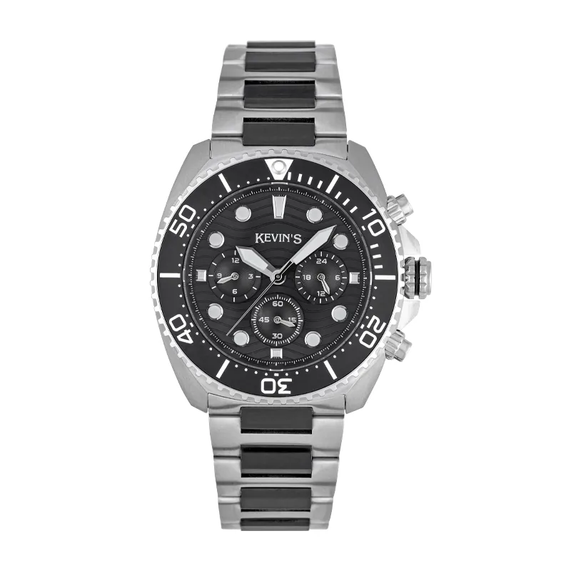 Reloj Kevins analogo, para Hombre, tablero redondo colores negro y blanco, estilo index + puntos, pulso acero colores plateado y negro