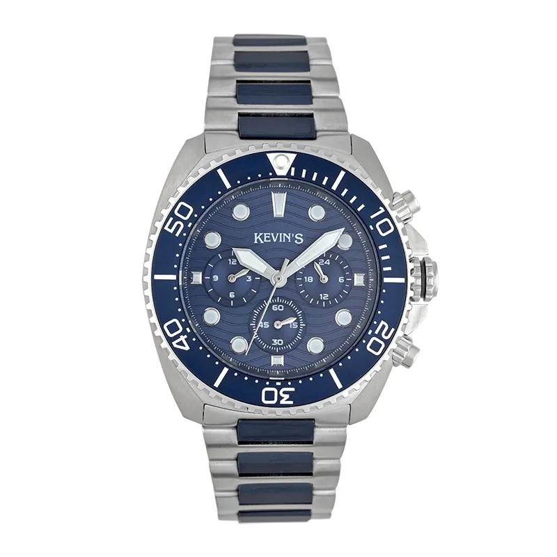 Reloj Kevins analogo, para Hombre, tablero redondo colores azul y blanco, estilo index + puntos, pulso acero colores plateado y azul