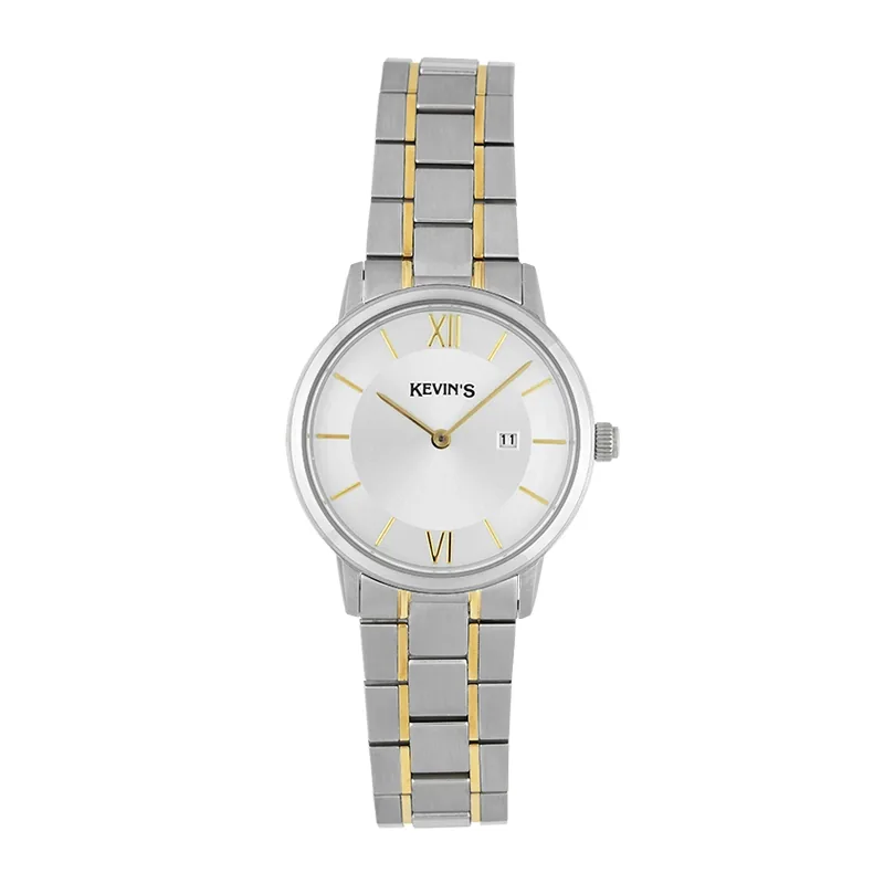 Reloj Kevins análogo, para Dama, tablero redondo colores plateado y dorado, estilo index + romano, pulso acero colores plateado y dorado, calendario