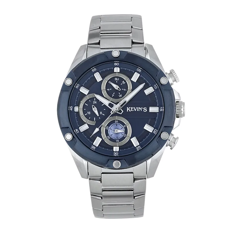 Reloj Kevins analogo, para Hombre, tablero redondo colores azul y blanco, estilo index, pulso acero color plateado, calendario