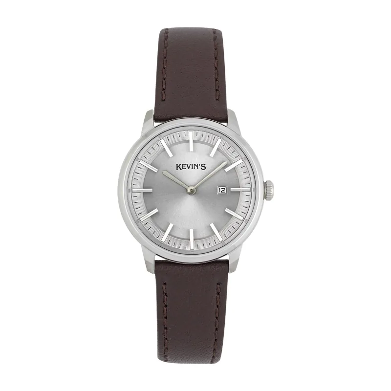 Reloj Kevins analogo, para Dama, tablero redondo color gris, estilo index, pulso cuero color café, calendario