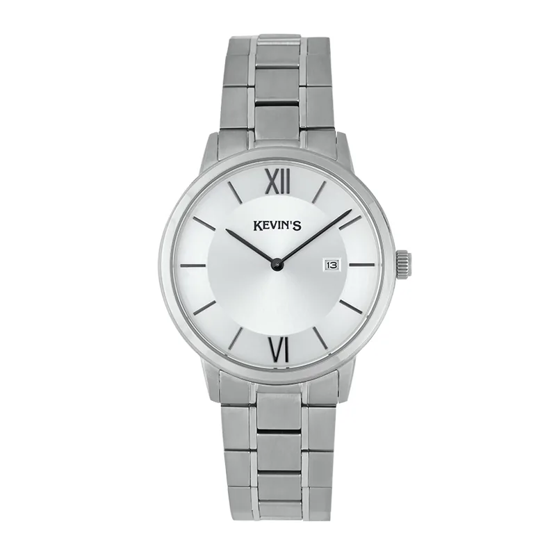 Reloj Kevins analogo, para Hombre, tablero redondo colores blanco y plateado, estilo index + romano, pulso acero color plateado, calendario