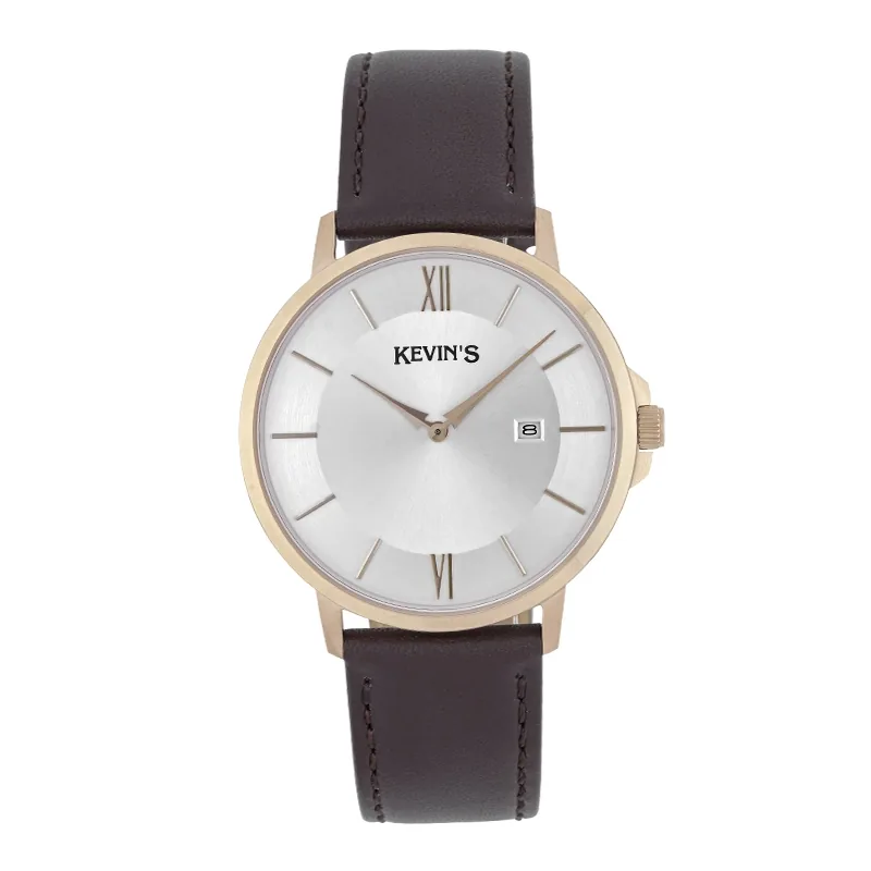 Reloj Kevins analogo, para Hombre, tablero redondo colores plateado y rosa, estilo index + romano, pulso cuero color café, calendario