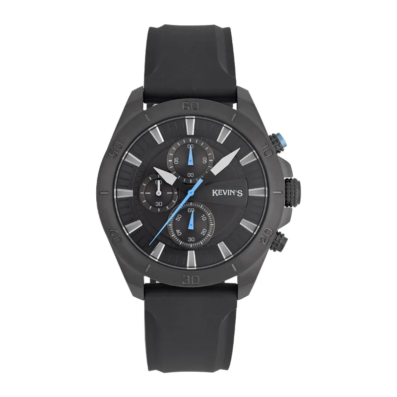 Reloj Kevins analogo, para Hombre, tablero redondo colores negro y azul, estilo index, pulso silicona color negro, cronografo