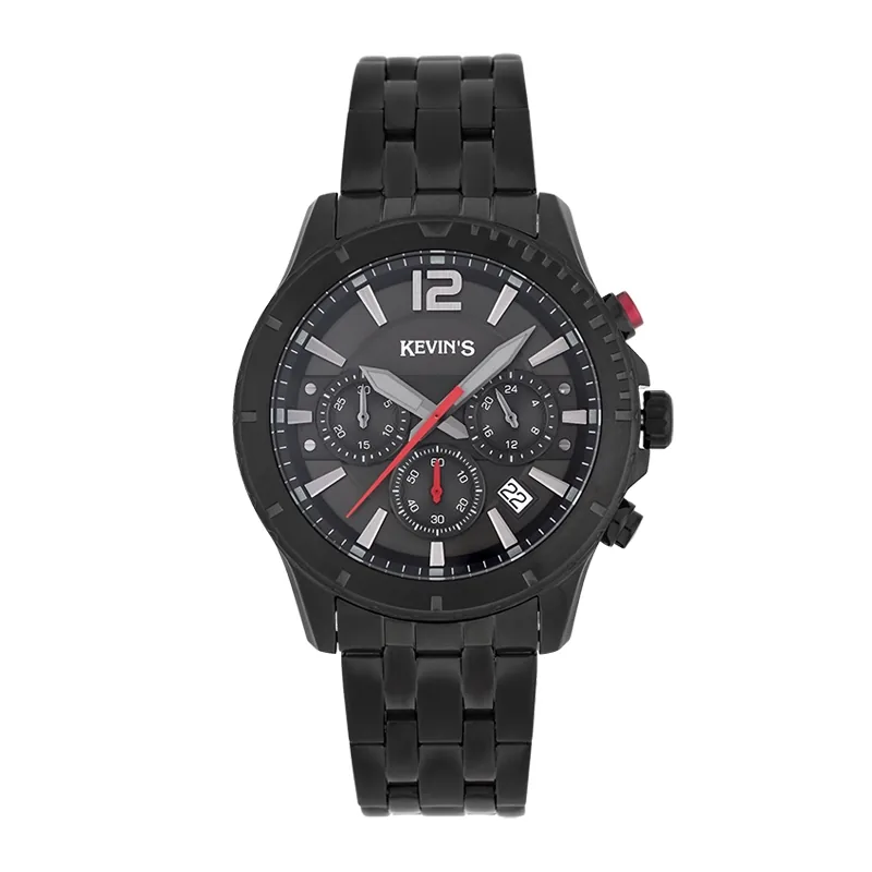 Reloj Kevins analogo, para Hombre, tablero redondo colores negro y rojo, estilo index + arabigo, pulso acero color negro, calendario, cronografo